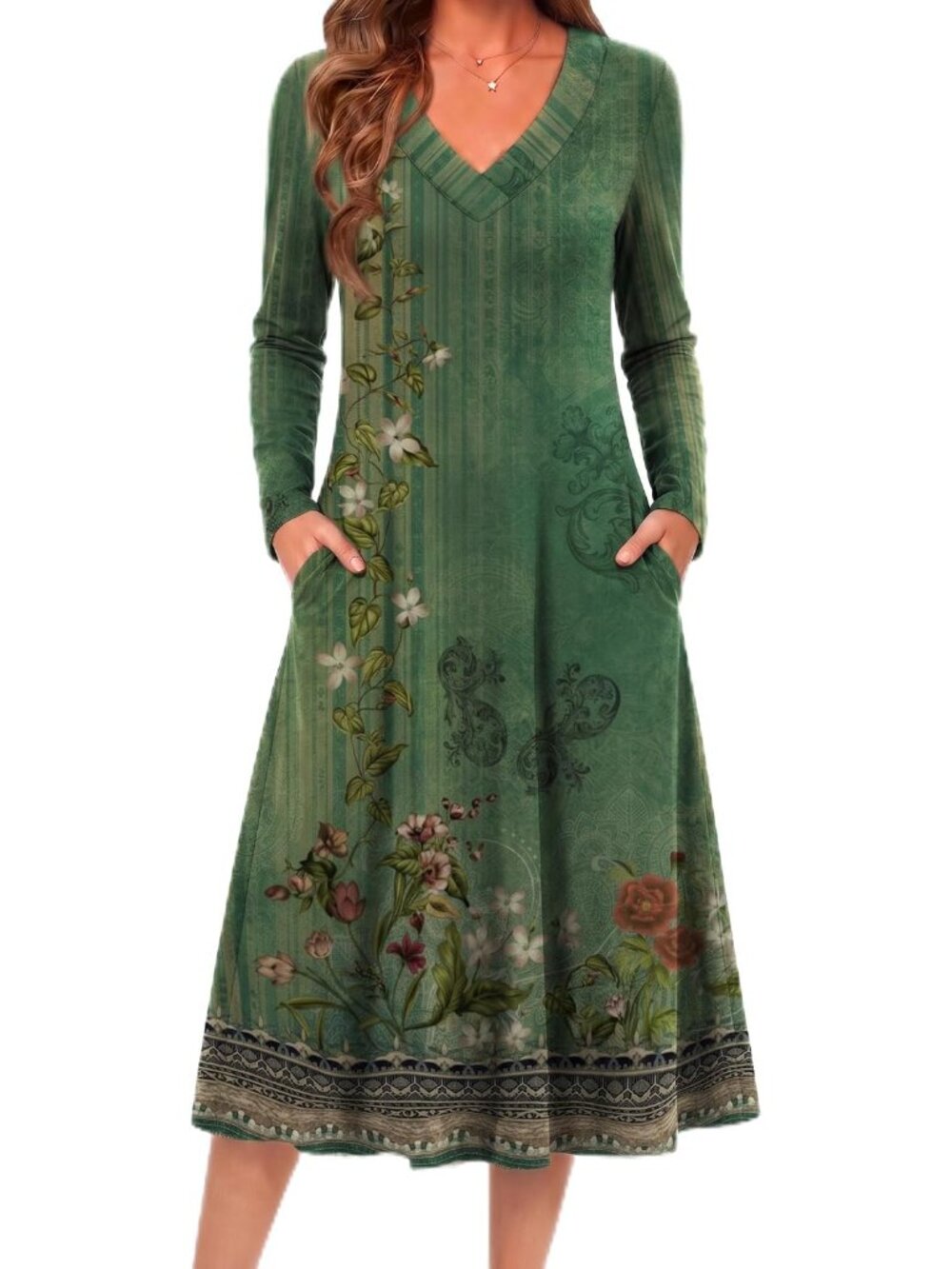 Women's Fall Long Sleeve A-Line Midi Dress with Pockets